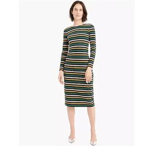 J. Crew 16 Navy Green Striped Sheath Dress Midi Long Sleeve Career Modest Office